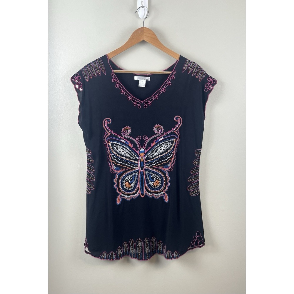 WD.NY‎ Vtg Women's Sz M Top Embroidered Top Butterfly Boho Bohemian Whimsey